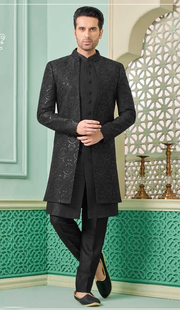Banarasi Silk Embroidered Function Wear Men's Indo Western In Black - 9376186935