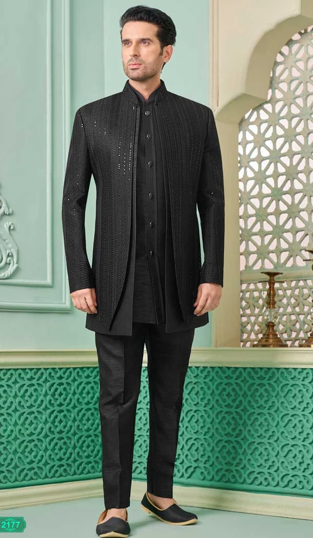 Banarasi Silk Black Embroidered Function Wear Men's Indo Western - 9376186936