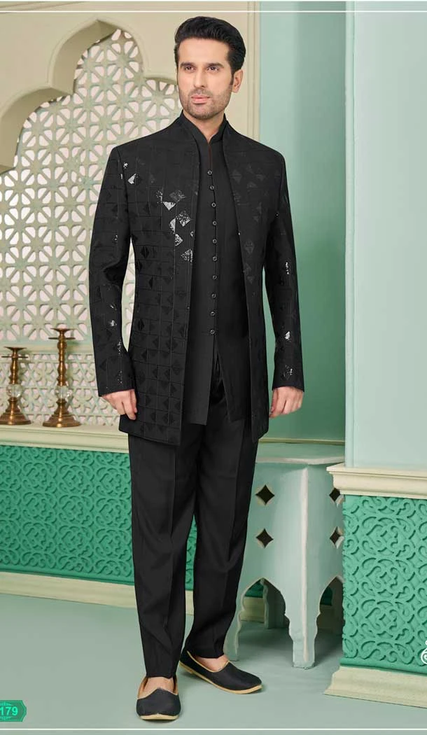 Black Banarasi Silk Resham Work Function Wear Men's Indo Western - 9376186937