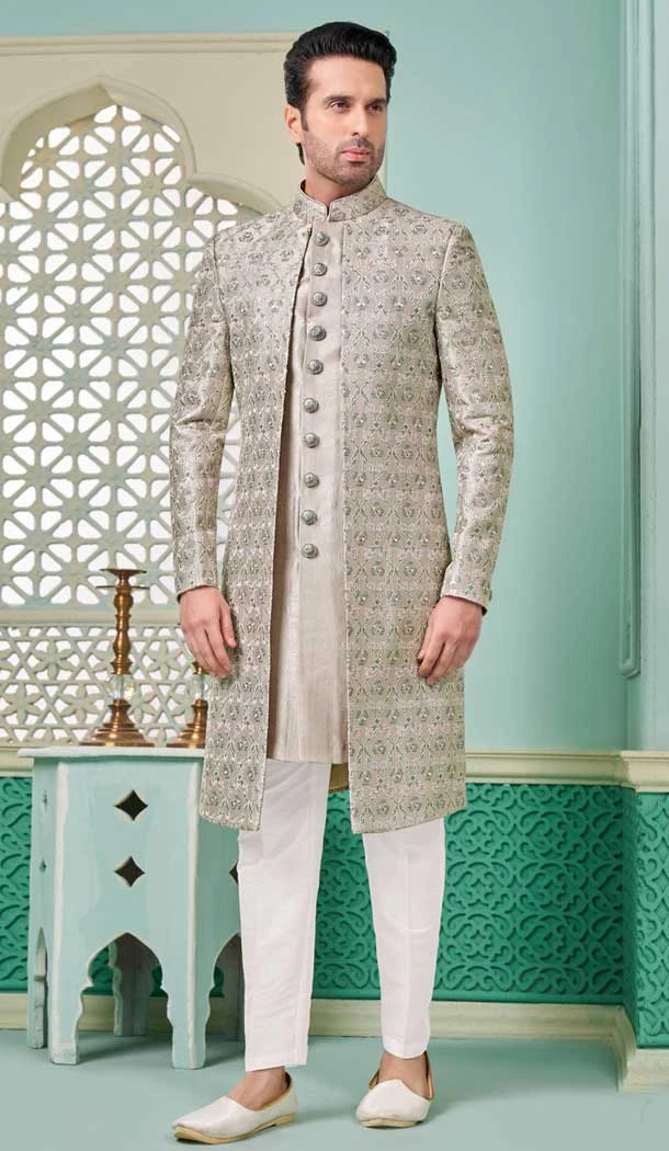 Grey Banarasi Silk Resham Work Function Wear Men's Indo Western - 9376186938