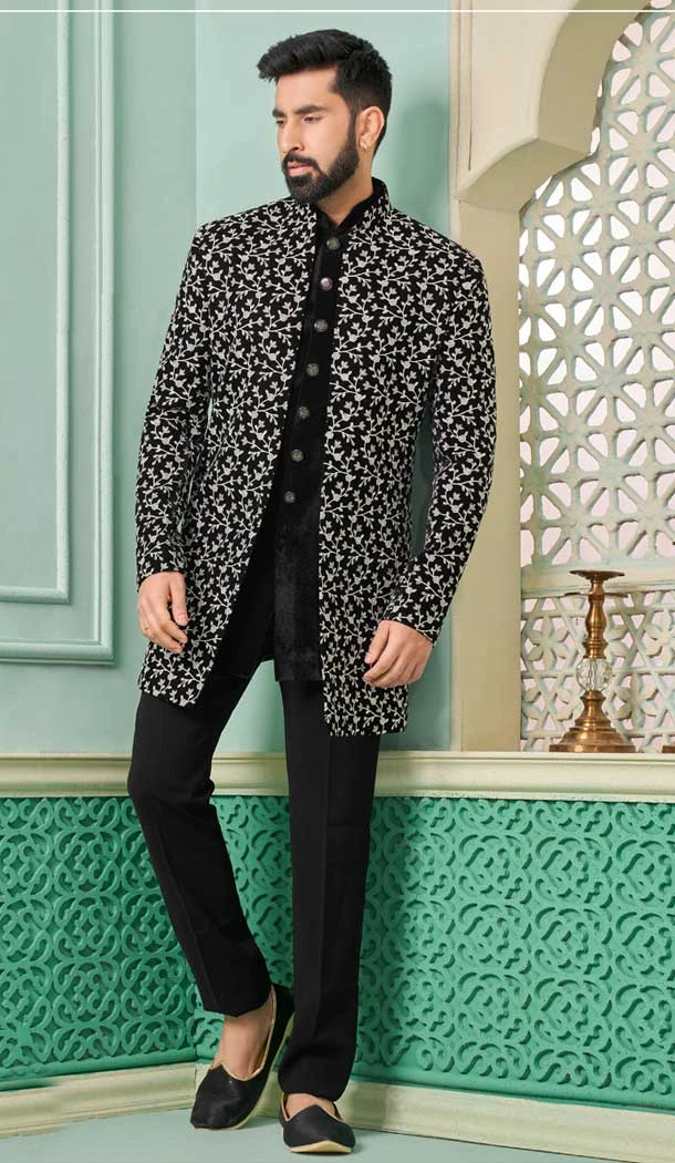 Velvet Embroidered Function Wear Men's Indo Western In Black - 9376186939