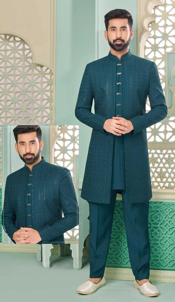 Rama Blue Banarasi Silk Embroidered Function Wear Men's Indo Western - 9376186941