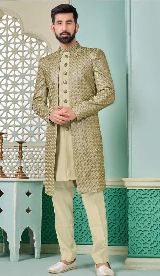 Mehendi Green Banarasi Silk Resham Work Function Wear Men's Indo Western - 9376186942