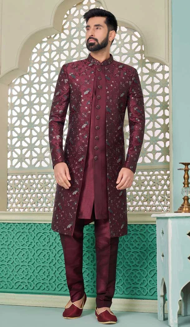 Dark Maroon Banarasi Silk Resham Work Function Wear Men's Indo Western - 9376186944