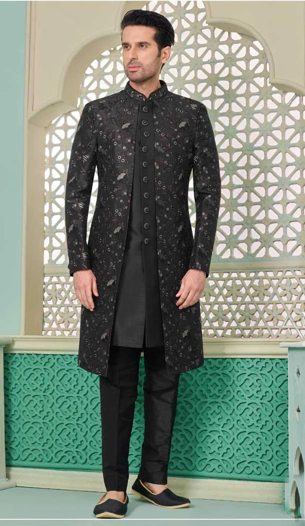 Black Color Banarasi Silk Embroidered Function Wear Men's Indo Western - 9376186945