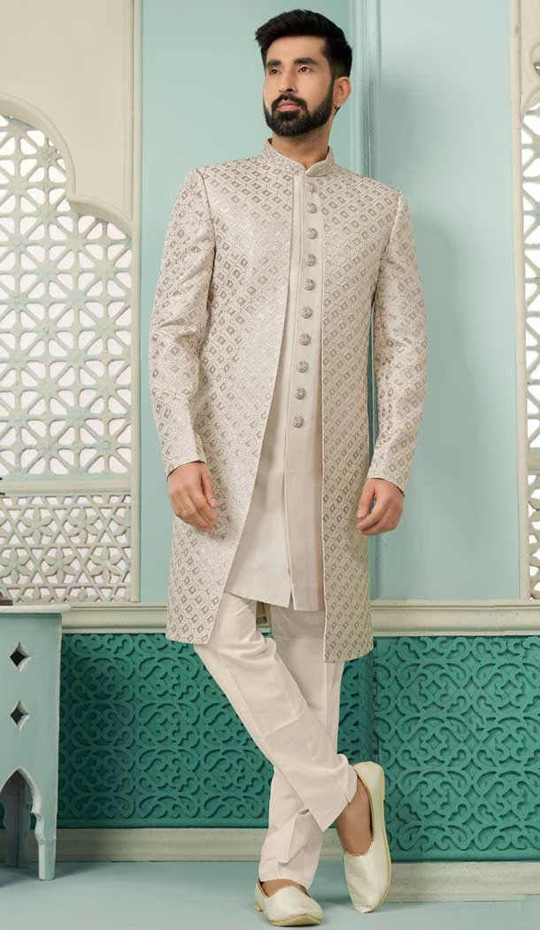 Light Onion Banarasi Silk Resham Work Function Wear Men's Indo Western - 9376186947
