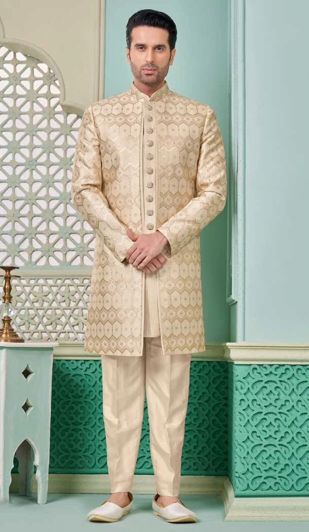 Light Gold Banarasi Silk Resham Work Function Wear Men's Indo Western - 9376186948
