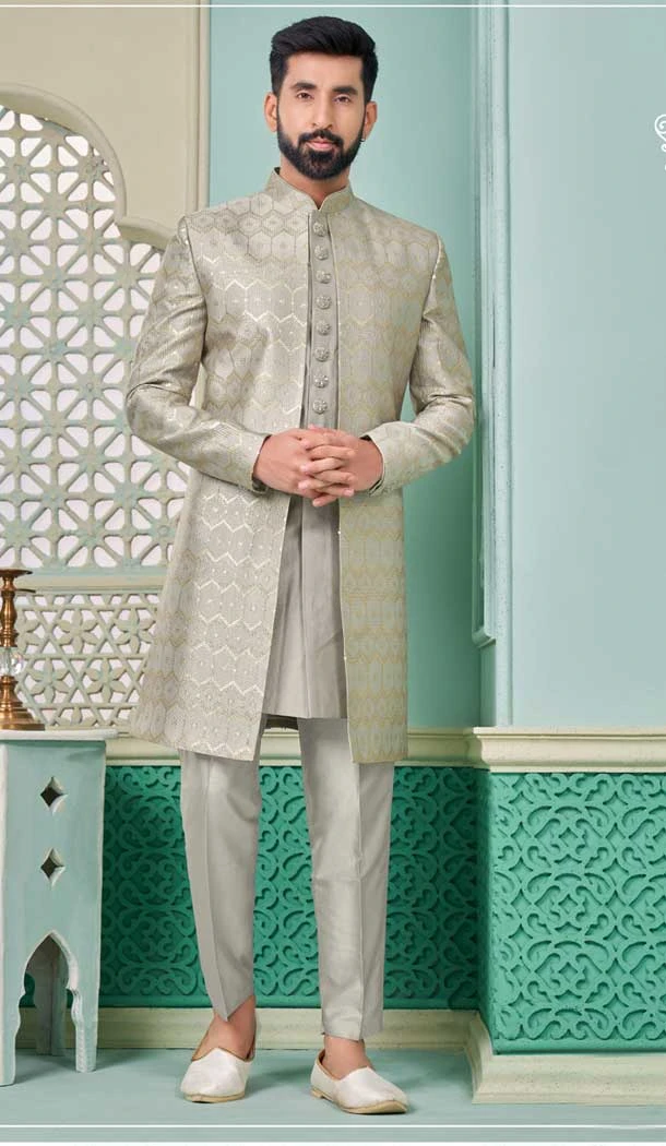 Banarasi Silk Resham Work Function Wear Grey Men's Indo Western - 9376186949