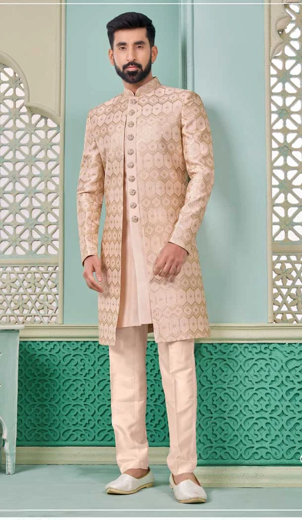 Pink Banarasi Silk Resham Work Function Wear Men's Indo Western - 9376186950