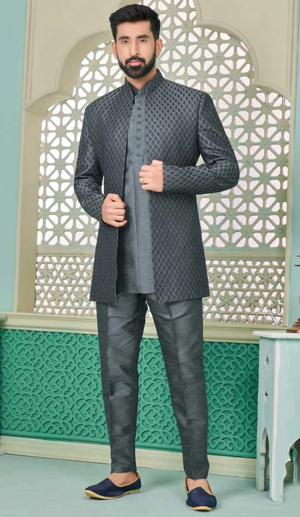 Grey Banarasi Silk Resham And Sequins Work Function Wear Men's Indo Western - 9376186952