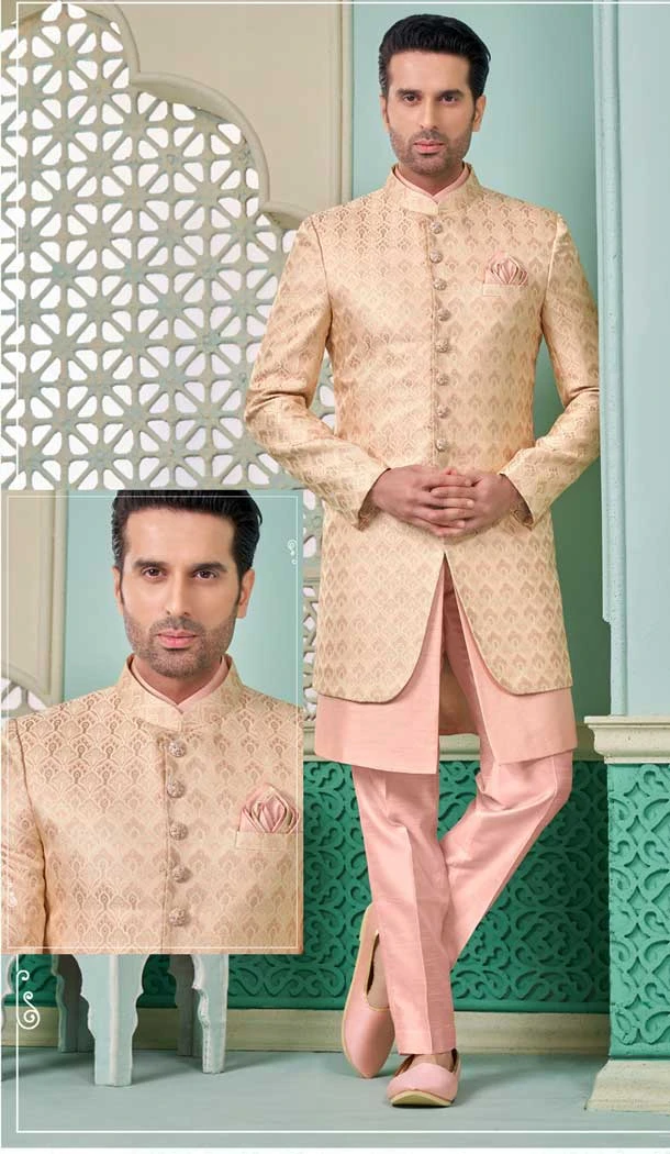 Pink Banarasi Silk Woven Work Function Wear Men's Indo Western - 9376186953