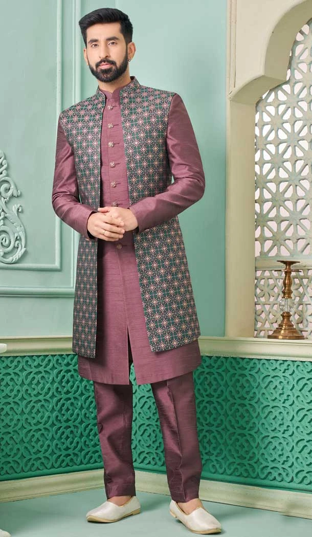 Wine Banarasi Silk Woven Work Function Wear Men's Indo Western - 9376186955