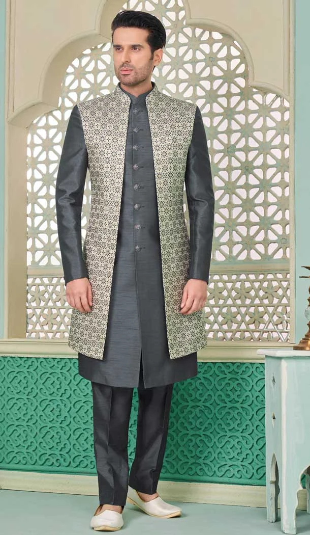 Grey Banarasi Silk Woven Work Function Wear Men's Indo Western - 9376186956