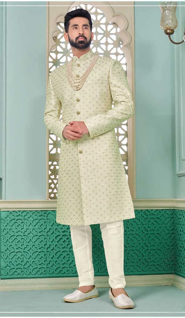 Cream Banarasi Silk Embroidered Function Wear Men's Indo Western - 9376186957