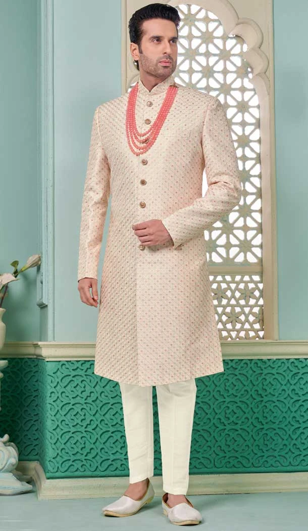 Pink Banarasi Silk Embroidered Function Wear Men's Indo Western - 9376186958