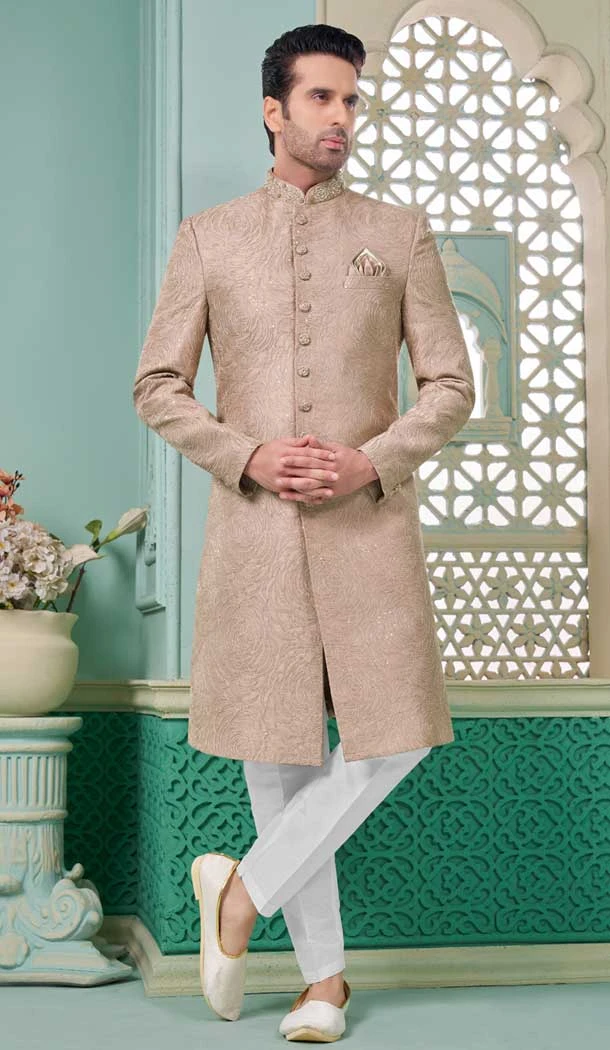 Onion Color Banarasi Silk Embroidered Function Wear Men's Indo Western - 9376186959