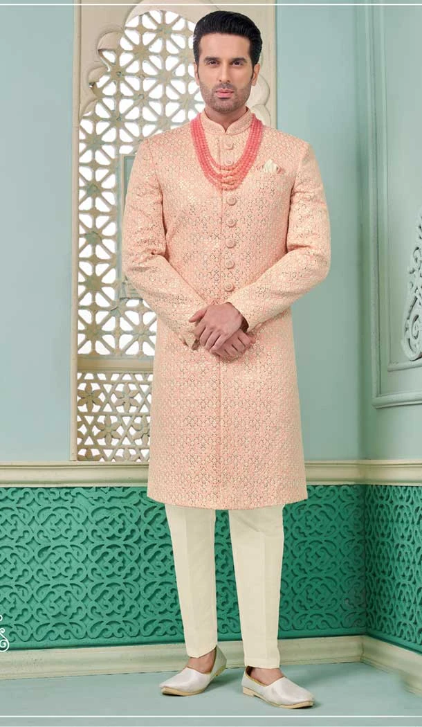 Peach Banarasi Silk Resham Work Function Wear Men's Indo Western - 9376186960