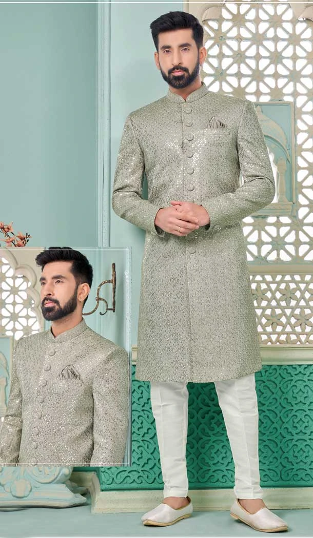 Grey Banarasi Silk Embroidered Function Wear Men's Indo Western - 9376186961
