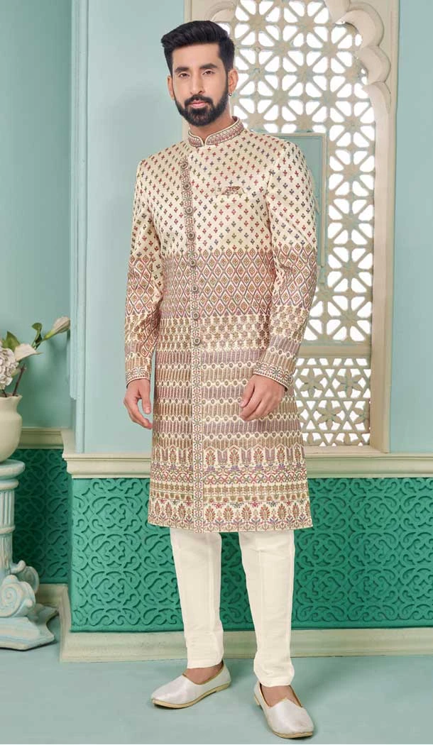 Light Peach Banarasi Silk Resham Work Function Wear Men's Indo Western - 9376186962