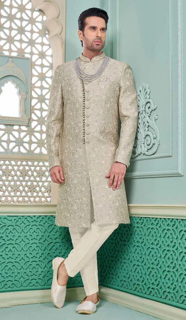 Banarasi Silk Resham Work Grey Function Wear Men's Indo Western - 9376186963