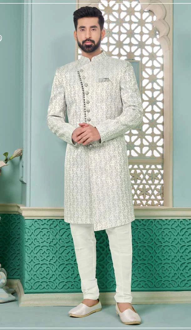 Grey Imported Fabric Woven Work Function Wear Men's Indo Western - 9376186964