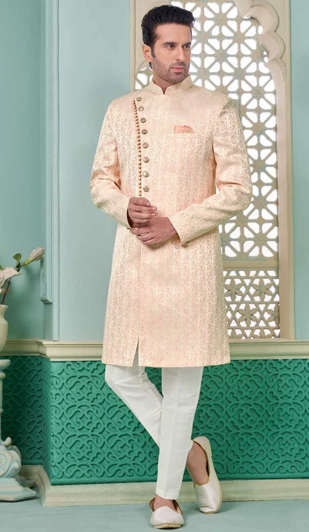 Peach Banarasi Imported Fabric Woven Work Function Wear Men's Indo Western - 9376186965