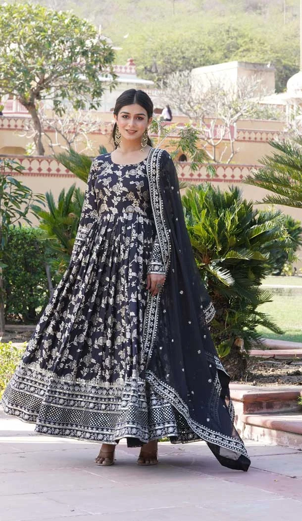 Viscose Embroidery Work Readymade Party Wear Gown In Black - 9382186988