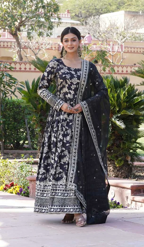 Viscose Embroidery Work Readymade Party Wear Gown In Black - 9382186988