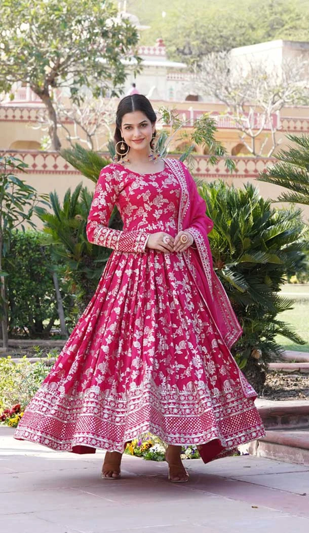 Viscose Embroidery Work Readymade Party Wear Gown In Pink - 9382186989