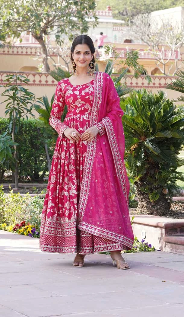 Viscose Embroidery Work Readymade Party Wear Gown In Pink - 9382186989