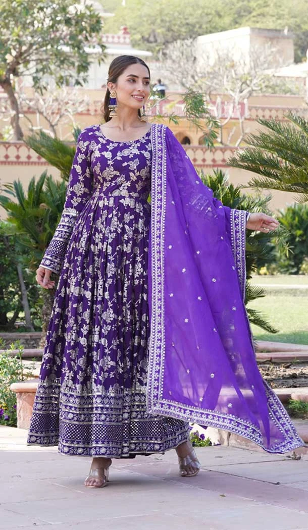 Viscose Embroidery Work Readymade Party Wear Gown In Purple - 9382186990