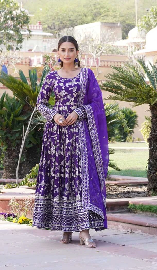 Viscose Embroidery Work Readymade Party Wear Gown In Purple - 9382186990