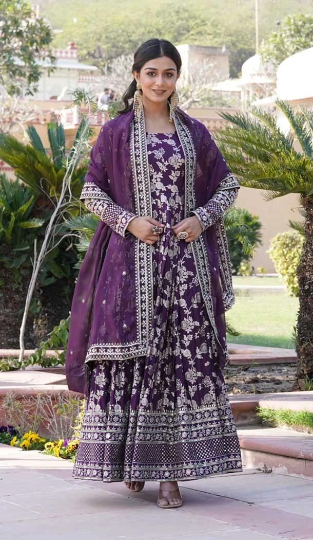 Viscose Embroidery Work Readymade Party Wear Gown In Wine - 9382186991