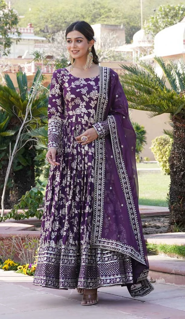 Viscose Embroidery Work Readymade Party Wear Gown In Wine - 9382186991