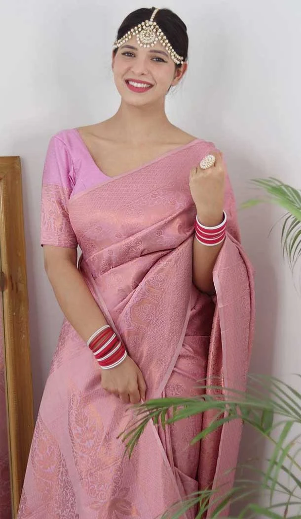 Rose Pink Banarasi Silk Jacquard Work Traditional Wear Saree - 9395187047