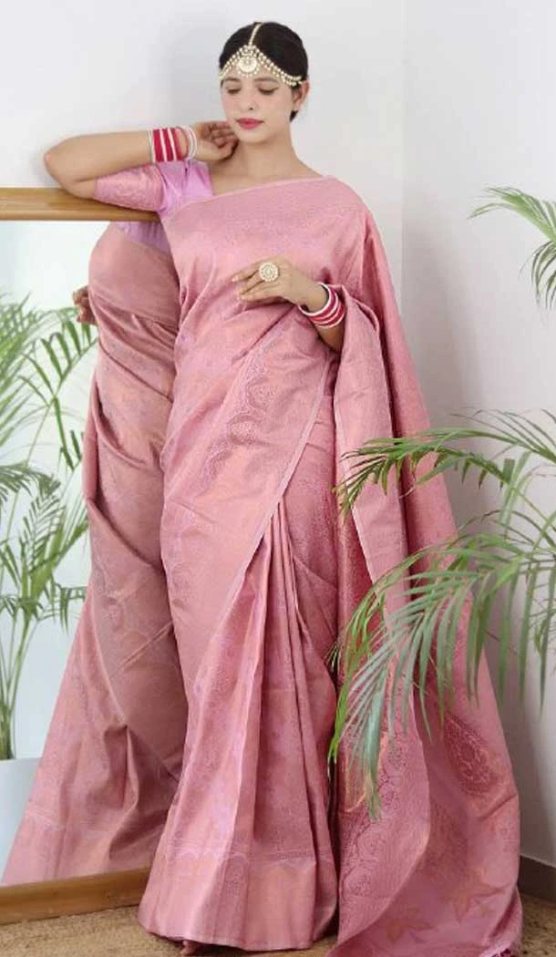 Rose Pink Banarasi Silk Jacquard Work Traditional Wear Saree - 9395187047
