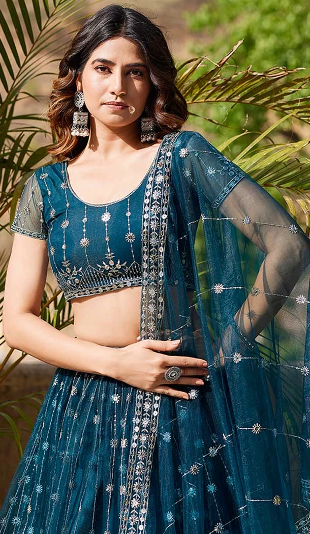 Teal Blue Net Embroidery Work Party Wear Lehenga Choli - 9397187053