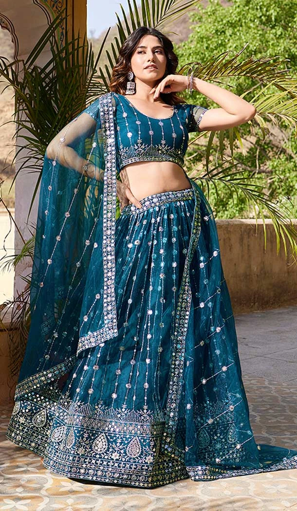 Teal Blue Net Embroidery Work Party Wear Lehenga Choli - 9397187053