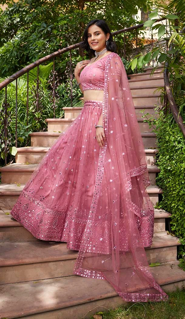 Pink Net Embroidery Work Party Wear Lehenga Choli - 9397187054