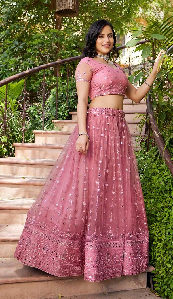 Pink Net Embroidery Work Party Wear Lehenga Choli - 9397187054