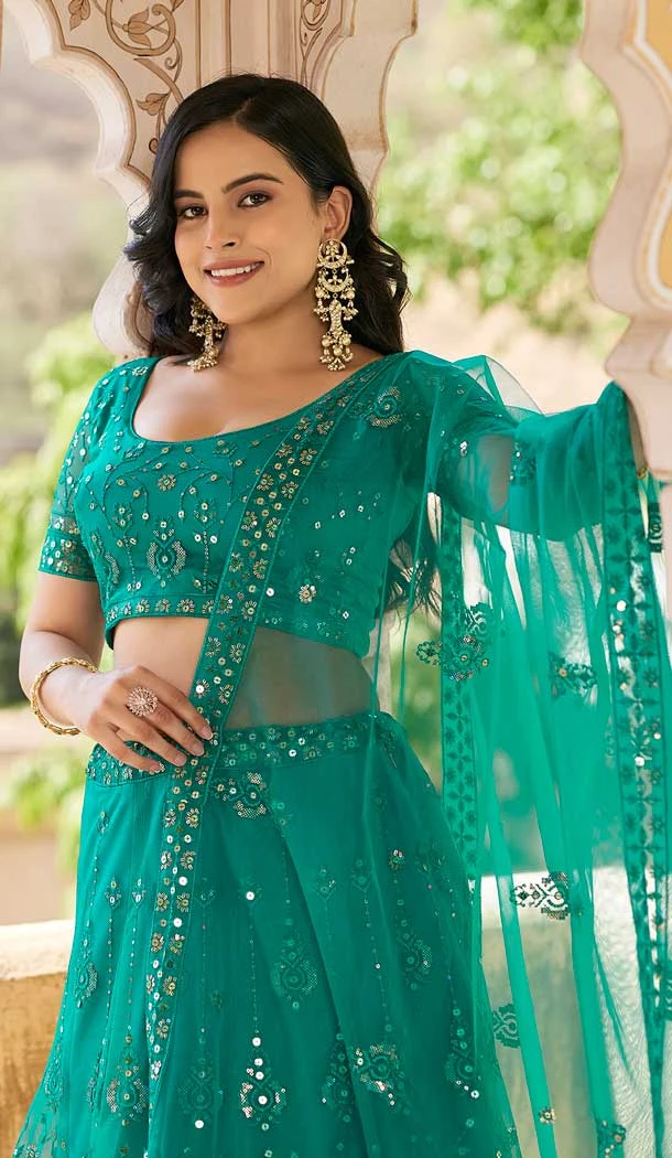 Rama Blue Net Embroidery Work Party Wear Lehenga Choli - 9397187055