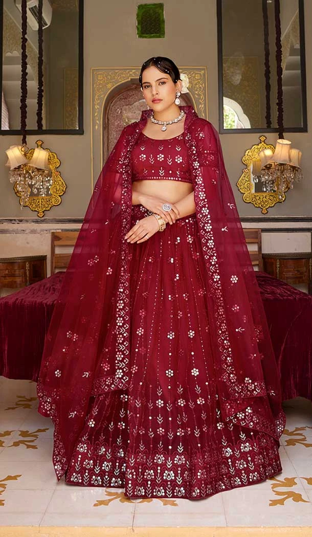 Maroon Net Embroidery Work Party Wear Lehenga Choli - 9397187056