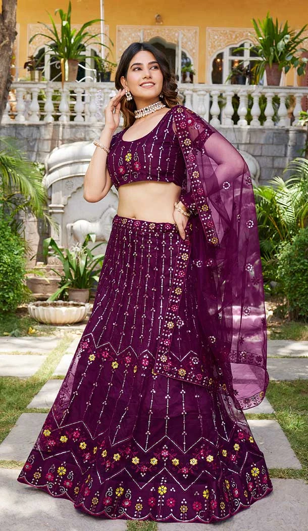 Plum Purple Net Embroidery Work Party Wear Lehenga Choli - 9397187057