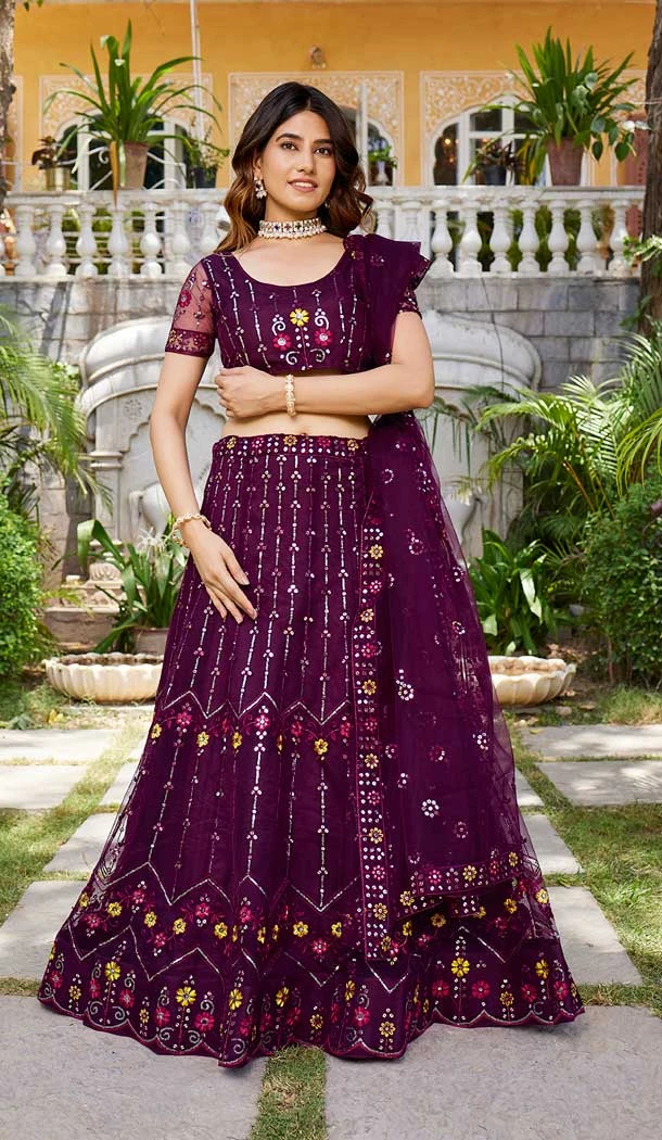 Plum Purple Net Embroidery Work Party Wear Lehenga Choli - 9397187057