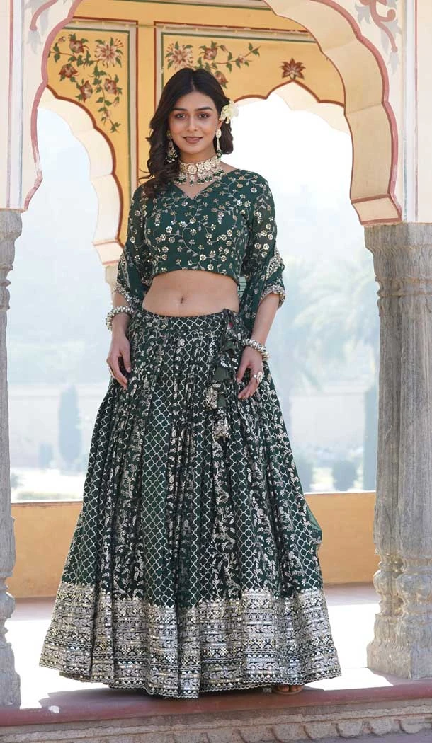 Viscose Embroidery Work Traditional Wear Lehenga Choli In Green - 9400187069