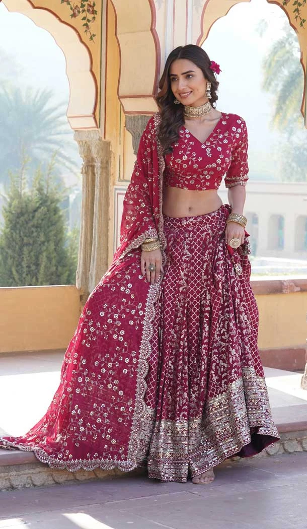 Viscose Embroidery Work Traditional Wear Lehenga Choli In Rani Pink - 9400187070