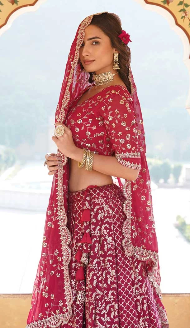 Viscose Embroidery Work Traditional Wear Lehenga Choli In Rani Pink - 9400187070