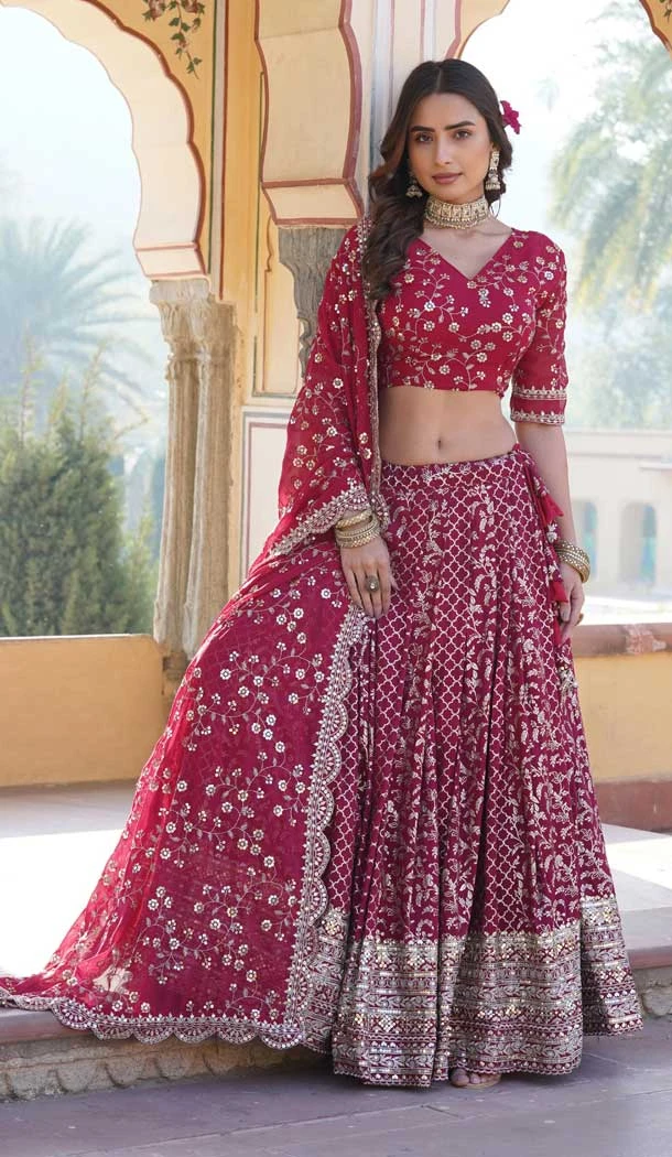 Viscose Embroidery Work Traditional Wear Lehenga Choli In Rani Pink - 9400187070