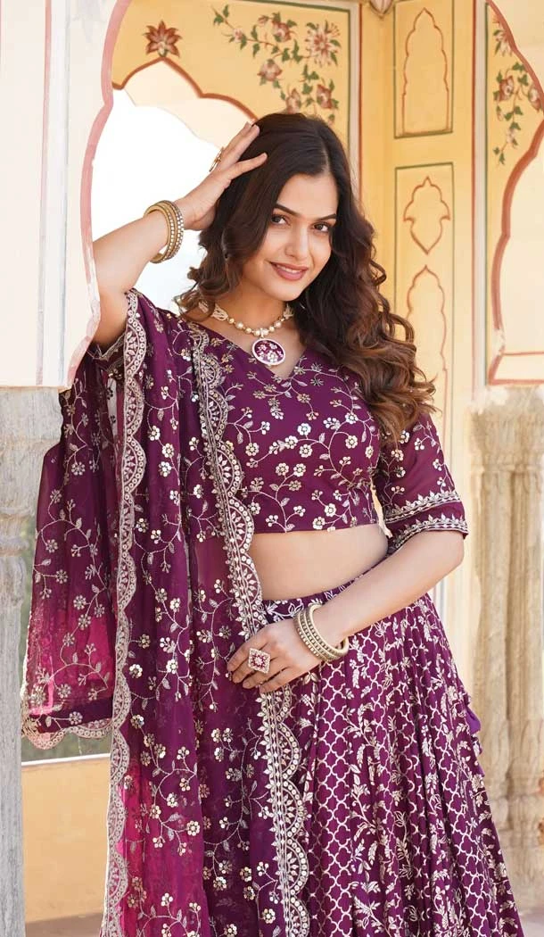 Viscose Embroidery Work Traditional Wear Lehenga Choli In Wine - 9400187071
