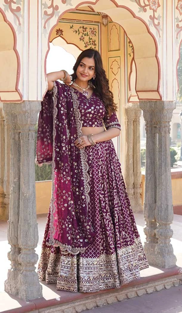 Viscose Embroidery Work Traditional Wear Lehenga Choli In Wine - 9400187071